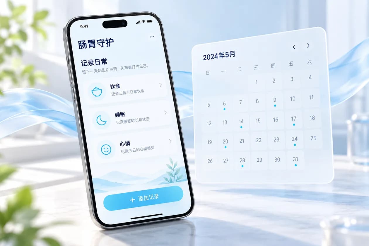 肠胃守护小程序的概念界面示意，非真实产品截图